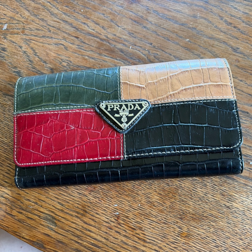 Prada Milano Tri-Fold Croc-Embossed Leather Wallet in Black, Red, Green, Tan
